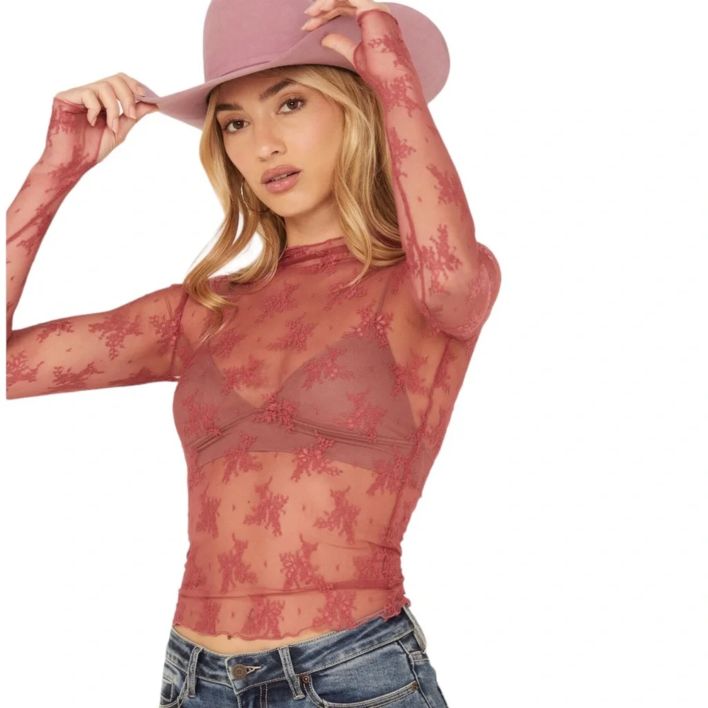Free People Sheer Floral Long Sleeve Top in Dusty Rose